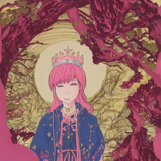 Image similar to the lone princess in the strawberry cream mountains. gouache and gold leaf by the award - winning mangaka