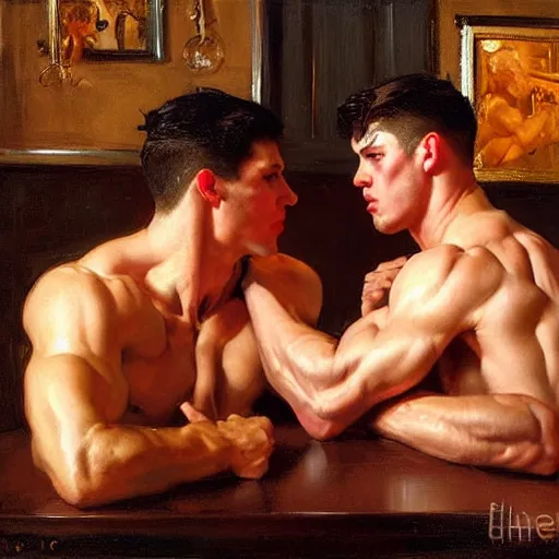 Image similar to attractive muscular male with red hair and muscular attractive male with black hair, drinking their hearts out, in a pub. very defined and highly detailed painting by j. c. leyendecker, gaston bussiere, craig mullins 8 k