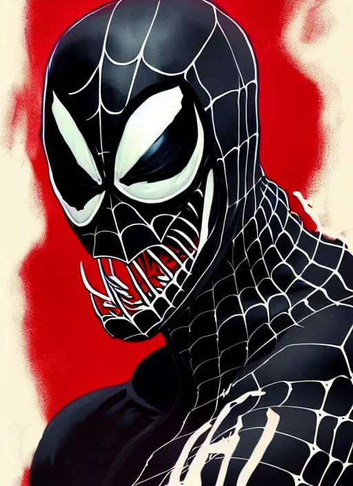 Image similar to highly detailed closeup portrait of a venom in spiderman suit with skeletal face,, black parka by atey ghailan, by greg rutkowski, by greg tocchini, by james gilleard, by joe fenton, by kaethe butcher, gradient, red, blue, black, brown and cream color scheme, grunge aesthetic!!! white graffiti tag wall background