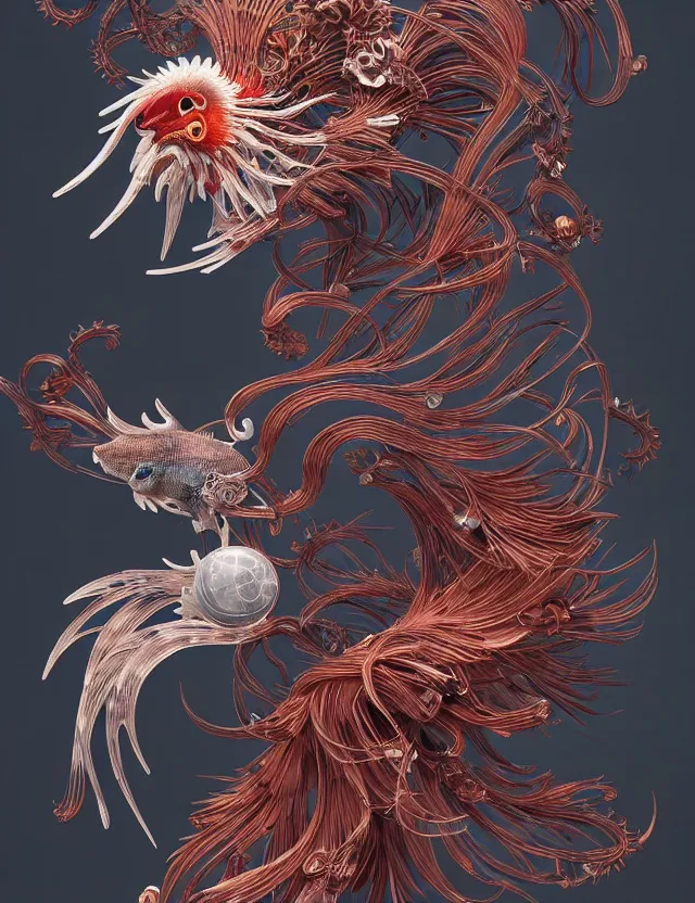 Image similar to 3 d abstract ornament. ram skull. beautiful intricately detailed japanese crow kitsune mask and clasical japanese kimono. betta fish, jellyfish phoenix, bio luminescent, plasma, ice, water, wind, creature, artwork by tooth wu and wlop and beeple and greg rutkowski