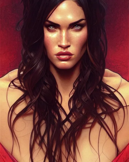 Prompt: portrait of megan fox with angry face expression, intricate, headshot, highly detailed, digital painting, artstation, concept art, sharp focus, cinematic lighting, illustration, art by artgerm and greg rutkowski, alphonse mucha, cgsociety