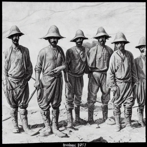 Image similar to ultra detailed photorealistic sepia - toned line drawing from 1 9 1 7, a small group of british soldiers standing with bedouin traders in traditional arab garb, at an archaeological dig site in wadi rum, ultra realistic, painted, intricate details, lovecraft, atmospheric, dark, horror, brooding, highly detailed, by clyde caldwell