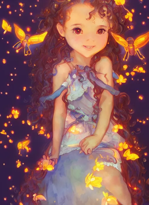 Image similar to A cute little girl with shoulder length curly brown hair with a happy expression wearing a summer dress dancing with fireflies, she is in the distance. beautiful fantasy art by By Artgerm and Hayao Miyazaki, trending on artstation.