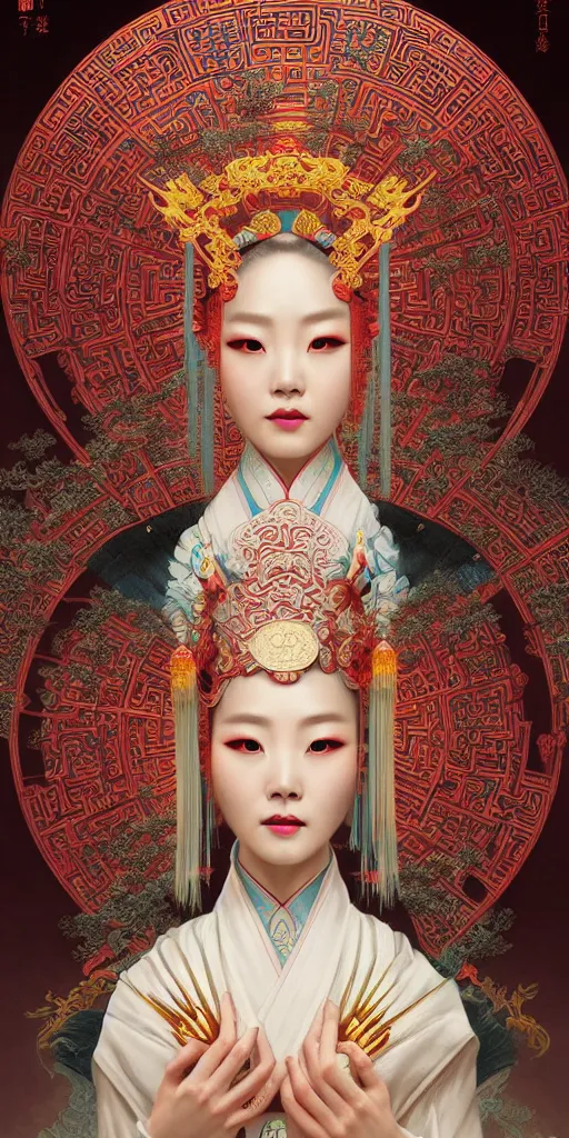 Image similar to artificial intelligence, decorated with chinese opera motifs, asian, bian lian, traditional chinese art, intricate, elegant, highly detailed, symmetry, digital painting, artstation, concept art, smooth, sharp focus, illustration, art by artgerm and greg rutkowski and alphonse mucha, 8 k