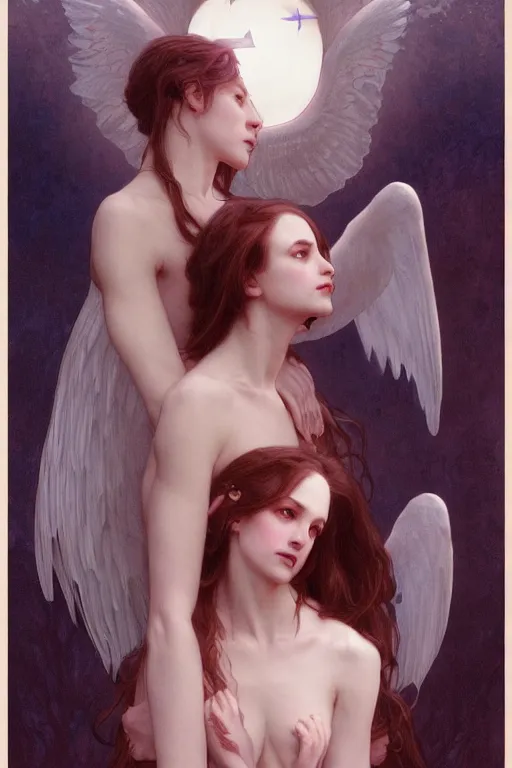 Image similar to Portrait of beautiful pale demonic angelic girl with devil\'s horns and nimbus, cinematic lighting, intricate, elegant, highly detailed, digital painting, artstation, smooth, sharp focus, illustration, art by artgerm and greg rutkowski and alphonse mucha and Wayne Barlowe and william-adolphe bouguereau