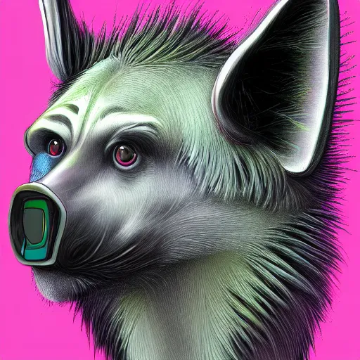 Image similar to digital painting of anthromorphic hyena female, fursona, furry fandom, neon rainy cyberpunk setting, anthro, wearing cyberpunk leather jacket, detailed face,