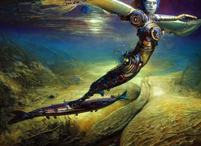 Prompt: electronic glowing pike fish, cybernetic, glowing veins subsurface scattering, underwater photography, by gerald brom, by mikhail vrubel, by peter elson, muted colors, extreme detail, trending on artstation, 8 k