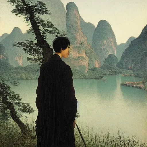 Image similar to a young man in guilin, by caspar david friedrich,