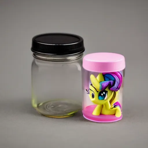 Image similar to a my little pony figurine inside a jar ; the jar is filled with a mysterious sticky yellowish fluid