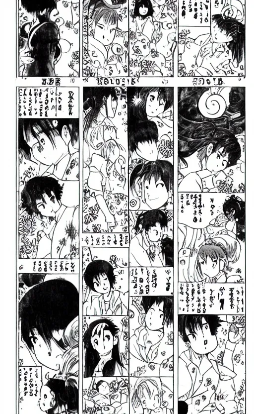 Image similar to a page of multi-panel manga by Naoko Takeuchi and Hayao Miyazaki, black and white manga comic, japanese text kanji, shoujo manga