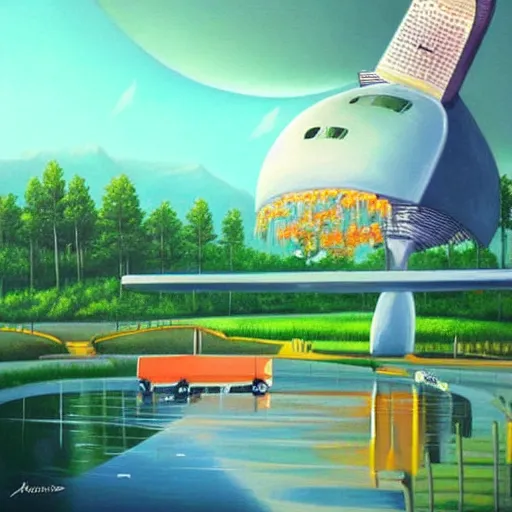 Image similar to Beautiful city of the future in harmony with nature, spaceship in the background. Nice colour scheme, soft warm colour. Beautiful painting by Lurid. (2022)