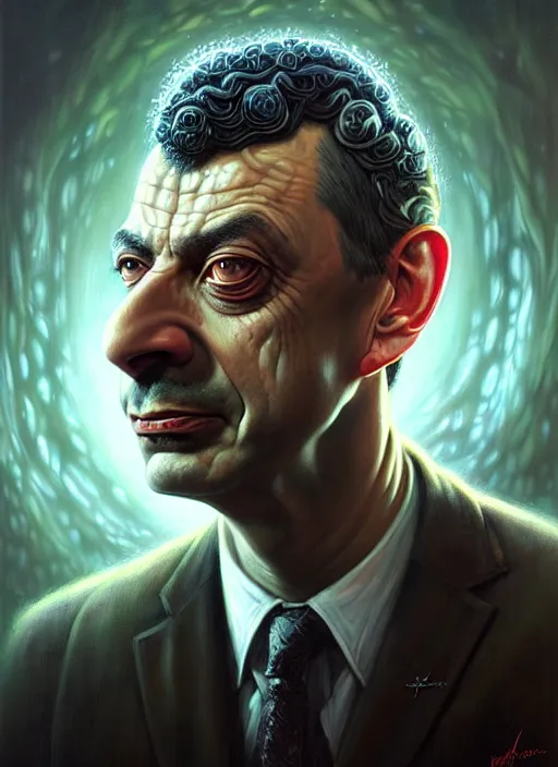 Image similar to lovecraft biopunk portrait of rowan sebastian atkinson by tomasz alen kopera and peter mohrbacher