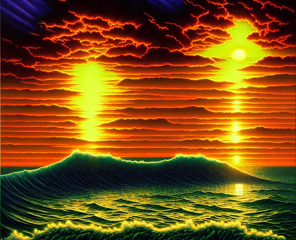 Image similar to the sun rising just above the horizon over the sea by dan mumford and vladimir kush and donato giancola and ted withers and peter driben and greg rutkowski and roberto ferri, green water, synthwave, retrowave, highly detailed, high contrast, intricate details, blended palette