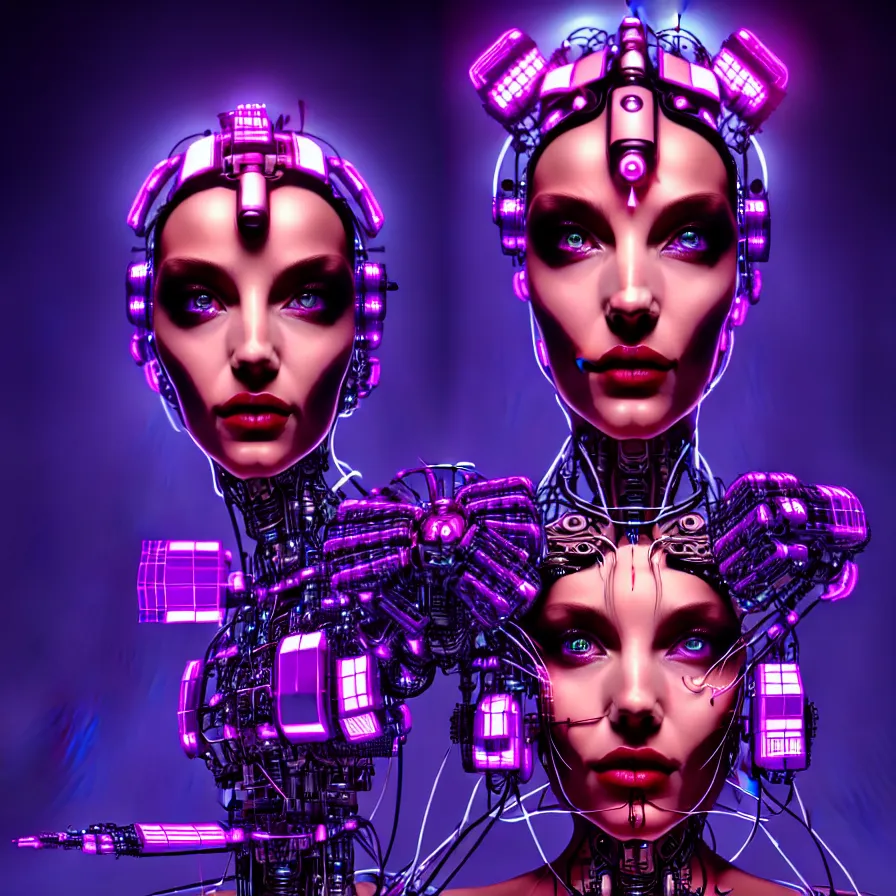 Prompt: symmetrical Beautiful 3d render portrait of one cybernetic flower queen in a sensual pose, in the style of Dan Mumford, with a lit futuristic cyberpunk city in the background.