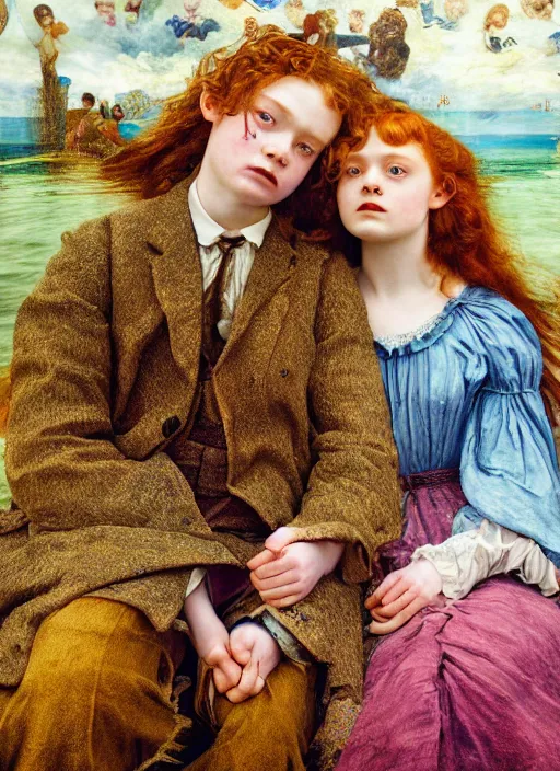 Image similar to sadie sink detailed colourful masterpiece of intricate preraphaelite photography couple portrait sat down extreme closeup, love, inside a full underwater train, detailed realistic expressions, wearing unusual clothes, by ford madox brown and william powell frith and frederic leighton and john william waterhouse and william morris, ultra wide angle