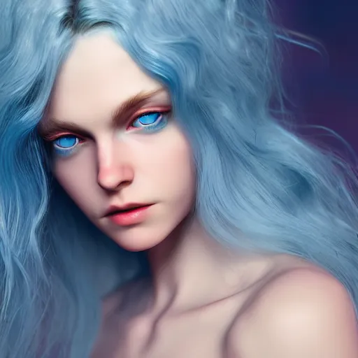 Image similar to beautiful angel, flowing hair, blue eyes, beautiful aesthetic, by james jean, trending on artstation, digital art, cinematic lightning, octane render, ultra high detail, ultra realistic, mystery