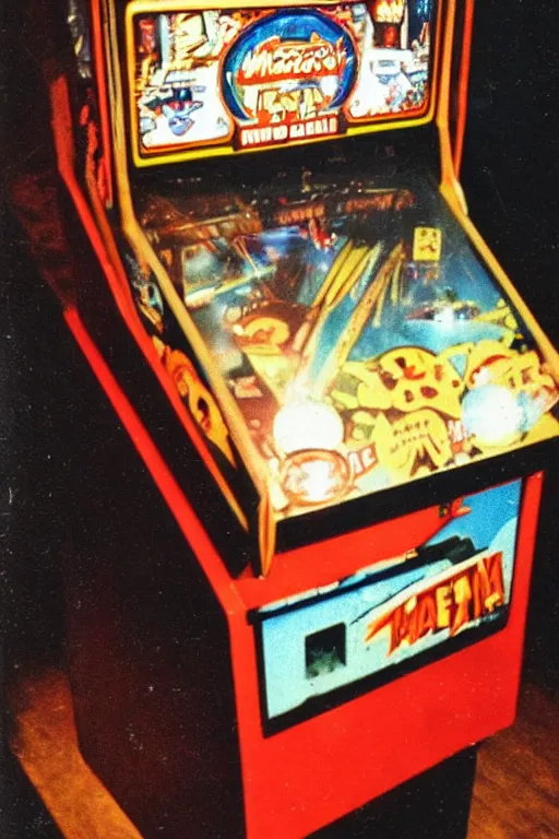 Image similar to vintage pinball machine, arcade cabinet, mugwum, phantom, nightmare, 1 9 7 0 s, polaroid photo