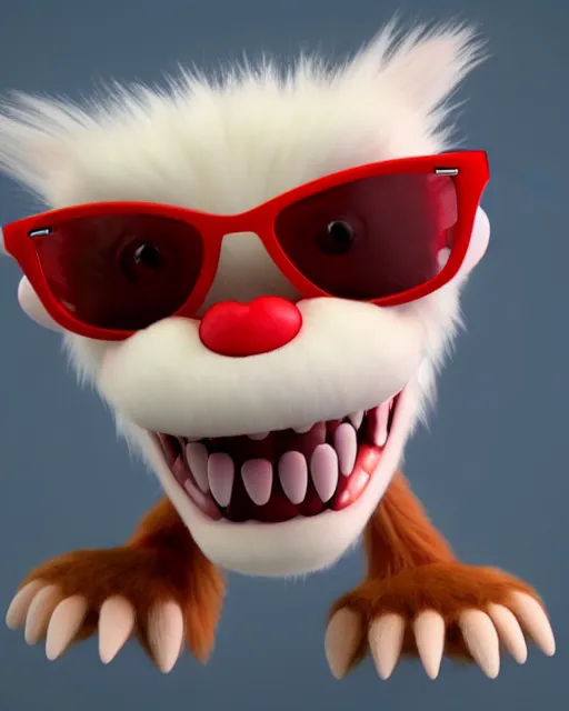 Prompt: 3 d render of completely red hairy friendly antropomorphic cartoony creature wearing white ray - ban shades, full body, simple, grin square teeth with no nose, cute, white background, unreal engine 5 hdr