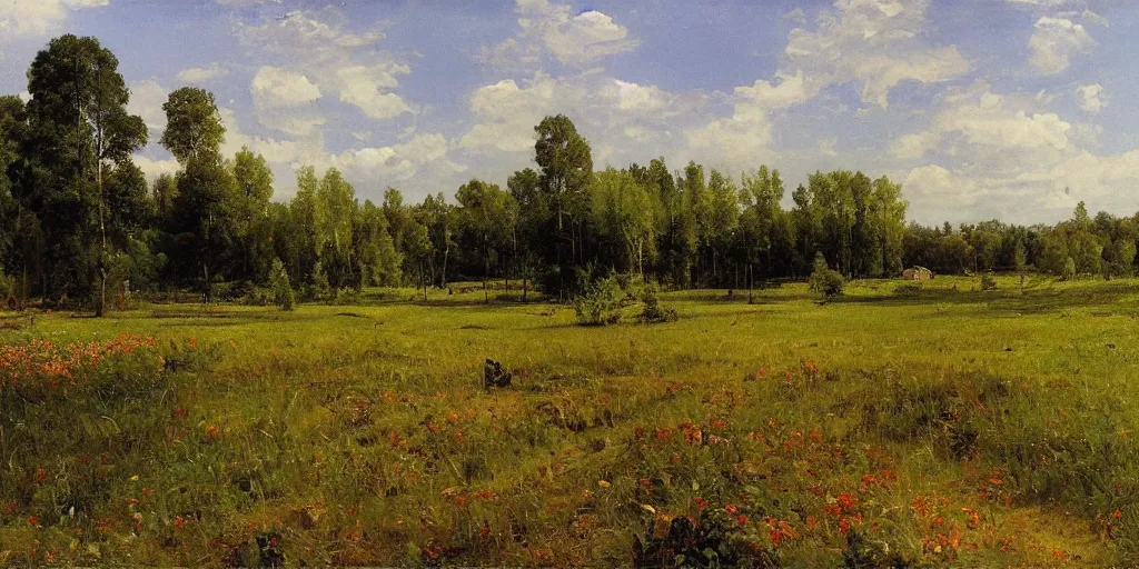 Prompt: summer landscape, blooming lush field, forest, clean river, matte painting, by Isaac Levitan and Vasily Perov