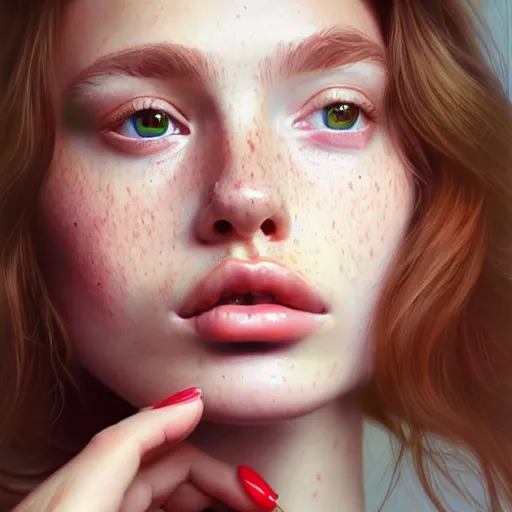 Image similar to beautiful hyperrealism hyperdetailed selfie of a cute young woman, long light bronze brown hair, flushed face, red blush, light freckles, puffy lips, soft features, emerald green eyes, 8 k, sharp focus, art by irakli nadar