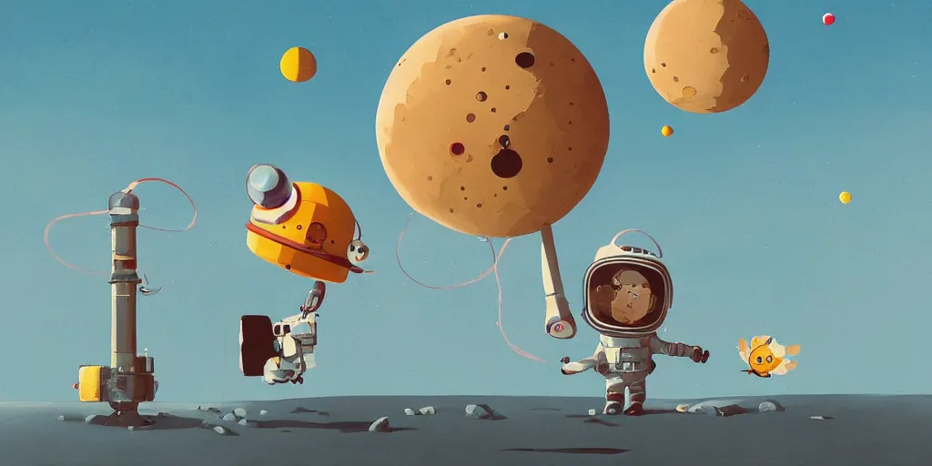 Prompt: cute cartoon cosmonaut landing on the moon by goro fujita and simon stalenhag and wes anderson and alex andreev and chiho aoshima and beeple and banksy and kandinsky and magritte and basquiat and picasso, 8 k, trending on artstation, hyper detailed, cinematic