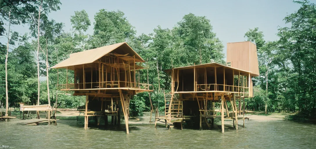 Prompt: stilt house designed by im pei. fujinon premista 1 9 - 4 5 mm t 2. 9. portra 8 0 0.