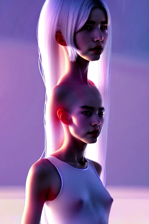 Image similar to upright and straight girl, bae suzy, scifi, futuristic design, full body model, long white hair, character design, cinematic lighting, highly detailed, by beeple, goro fujita, smooth gradient.