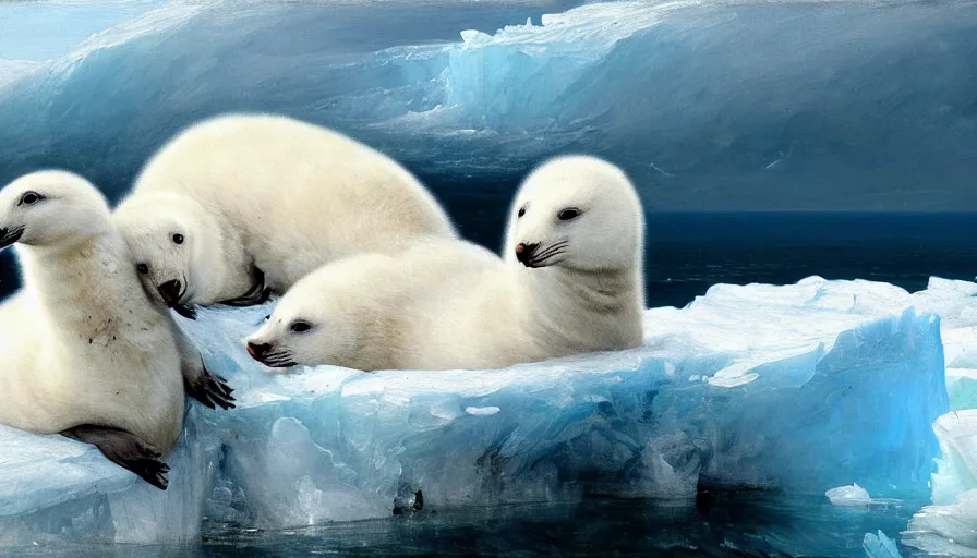 Image similar to highly detailed painting of cute furry white baby seal goose lions cuddling into each other on a blue and white iceberg by william turner, by greg rutkowski, by william constable, thick brush strokes and visible paint layers, 4 k resolution