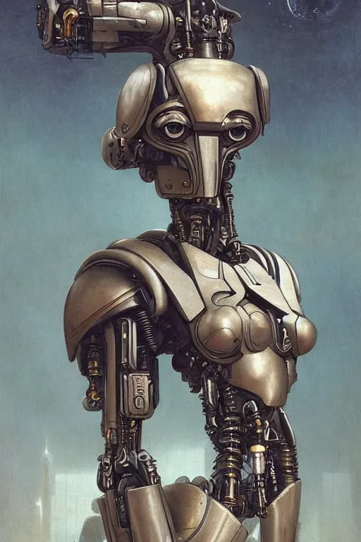 Image similar to fullbody or portrait, simple futurist cyborg empress, warhammer 4 0 k, perfect future, award winning art by santiago caruso, iridescent color palette, by wlop and karol bak and bouguereau and viktoria gavrilenko, 1 9 7 0 s retro future robot android. muted colors