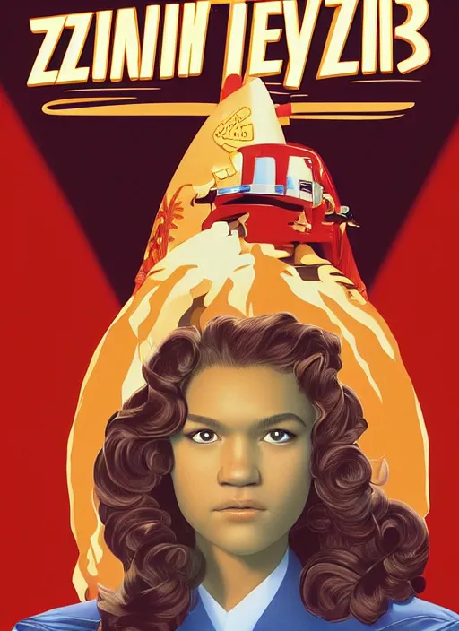 Image similar to poster artwork by michael whelan and laurent durieux, portrait of a high school student zendaya!!!!! wearing rr diner uniform working at the local diner, confectioner in a pastry shop, full length shot, shining, from scene from twin peaks, clean