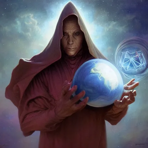 Image similar to the creator of worlds wearing a cloak and holding a holographic planet projection in his hand, detailed, sci - fi, digital painting, artstation, sharp focus, illustration, ominous, artgerm, tomasz alen kopera, peter mohrbacher, donato giancola, joseph christian leyendecker, wlop, frank frazetta