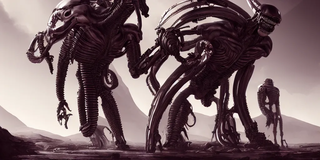 Prompt: single mono colossal android, in the background are xenomorphs, mars, artstation cinematic