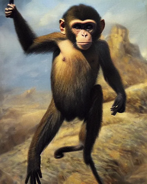 Image similar to a monkey in an oil painting, running freely, high detail, high polygon