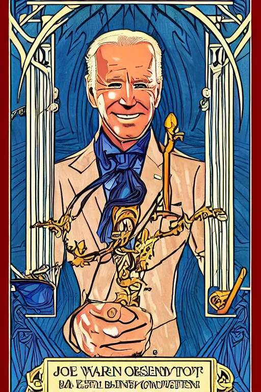 Image similar to joe biden tarot card art deco, art nouveau, by walter crane, by mark maggiori, trending on artstation