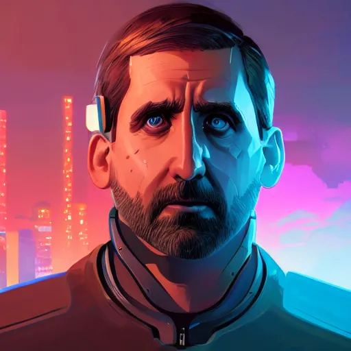 Image similar to Portrait of a cyborg Steve Carell, mattepainting concept Blizzard pixar maya engine on stylized background splash comics global illumination lighting artstation lois van baarle, ilya kuvshinov, rossdraws