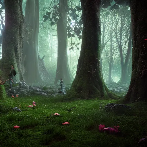 Prompt: thr magical and mystical forest of vanaheim with fairies and nature, scandinavian / norse influenced, cinematic, ray traced, octane render, cinematic lighting, ultrarealistic, featured on artstation, 8 k uhd artwork