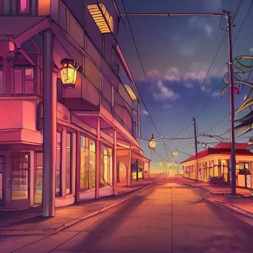 Image similar to a costal florida town at midnight, dark outside, ocean nearby, modern anime style, official anime still