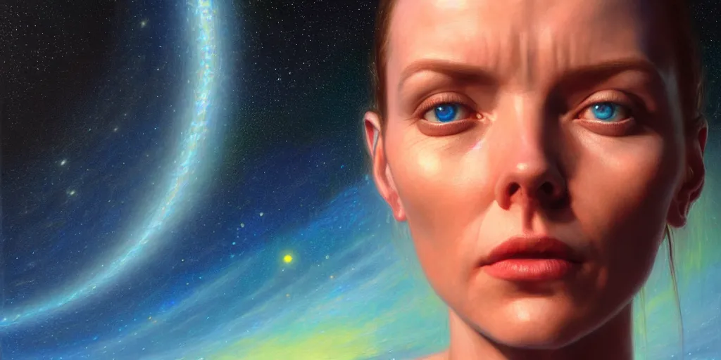 Image similar to ( ( ( ( ( hyperrealist distant portrait of liara t'soni on a blue planet where it rains colors. ) ) ) ) ) by donato giancola, science fiction, photorealistic, octane render, unreal engine, dynamic lighting, trending on artstation, poster, volumetric lighting, very detailed faces, 4 k, award winning