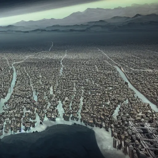 Prompt: prediction of los angles during the end of the world, dramatic, drone view, intricate, 8k high detail, lovecraftian artstyle