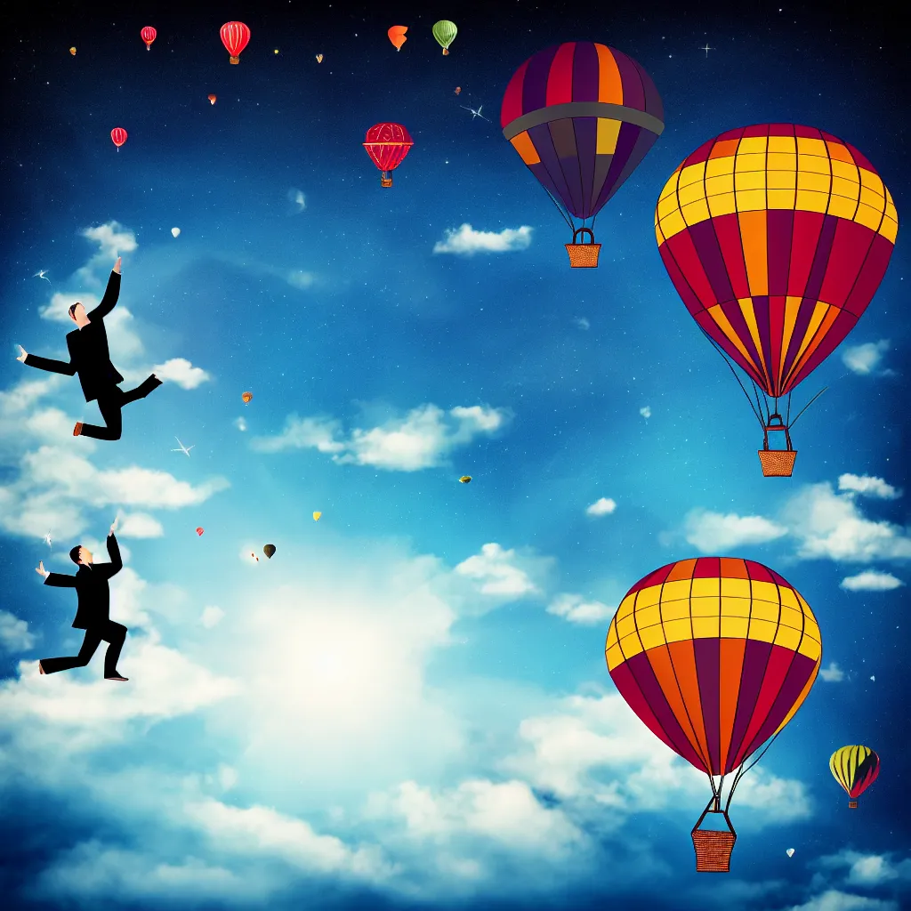 Image similar to single man flying in hot air balloon in the space, dark background, hyper realistic