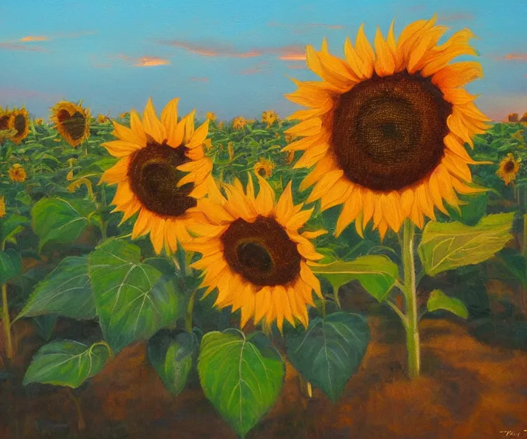 Image similar to sunflowers, william henrits, hovik zohraybyan, oil painting, bright colors, pink skies, sunrise, soft tones