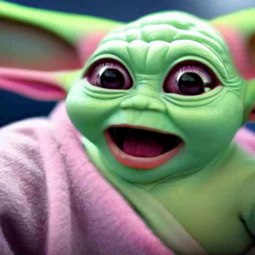 Prompt: baby girl yoda with long curly pink hair on top of her head between the ears, wearing a dress, 8 k resolution, highly detailed, photo realistic