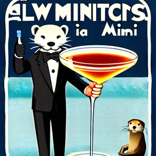 Prompt: a man holding a martini with an otter swimming in it while the otter gives a thumbs up in a 1 9 2 0 s advertisement poster