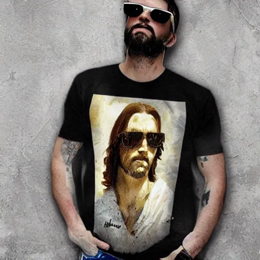 Prompt: art of cool jesus wearing sun glasses by christopher shy on a t shirt