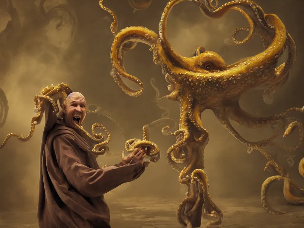 Image similar to a widescreen colorchrome portrait photo of a medieval old happy screaming priest, holding a giant giant octopus, style steve mccurry octane render 8 k