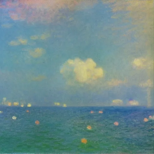 Prompt: Sea like jelly, Rainbow sheep like cotton candy，dreamy, soft , highly detailed, in the style of Oscar-Claude Monet