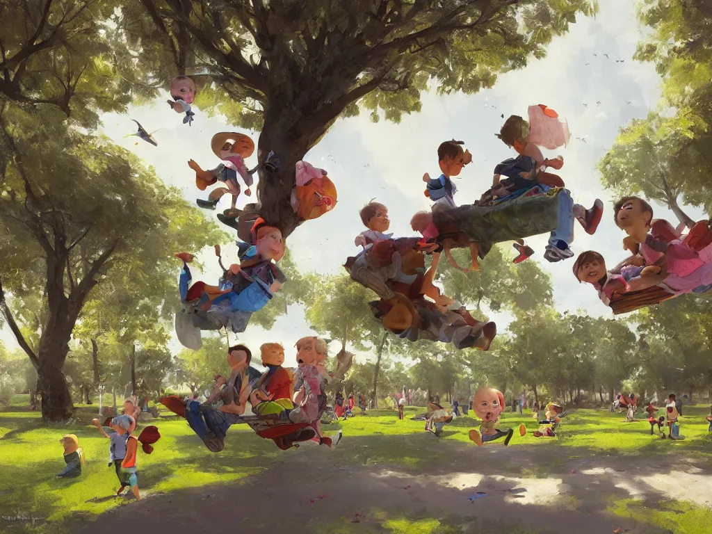 Image similar to happy children fly through a public park, by alejandro burdisio and bob bylerley and greg rutkowski