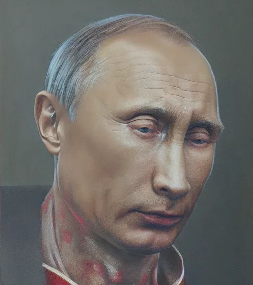 Image similar to Portrait painting of Vladimir Putin crying and suffering in a style of Beksinski.