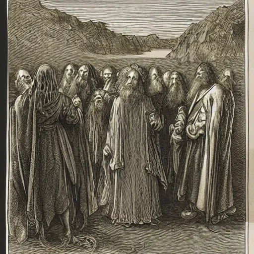 Image similar to the fellowship of the ring, by gustave dore and albrecht durer