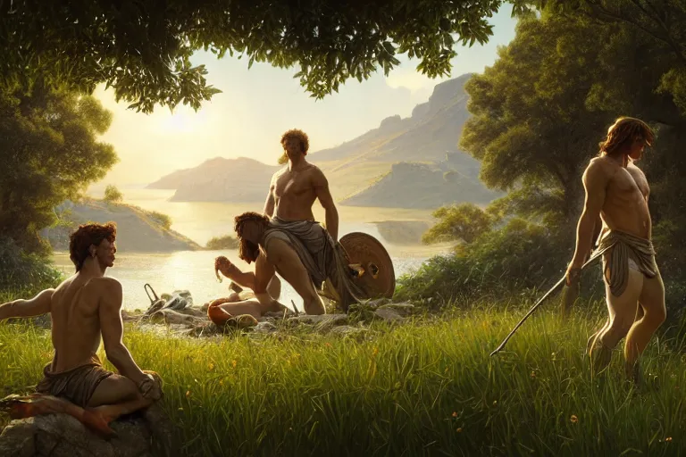 Prompt: achilles and patroclus in elysium, beautiful, sunlit landscape, river, flowers, greek temple, grass, ultra realistic, ethereal, vibrant, octane render, alphonse mucha, rossdraws, greg rutkowski, illustration, very detailed, elegant, lonely atmosphere, sharp focus, vibrant